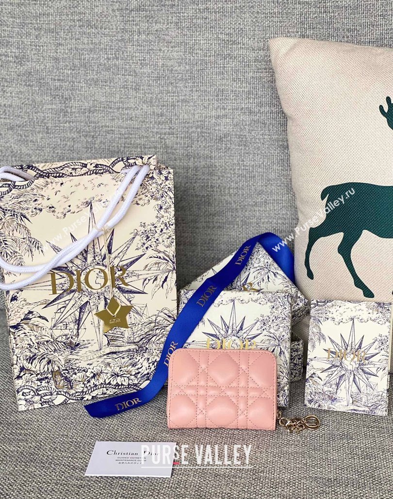 Dior Small Lady Dior Voyageur Coin Purse Wallet in Cannage Lambskin Light Pink 2024 (XXG-240415113)