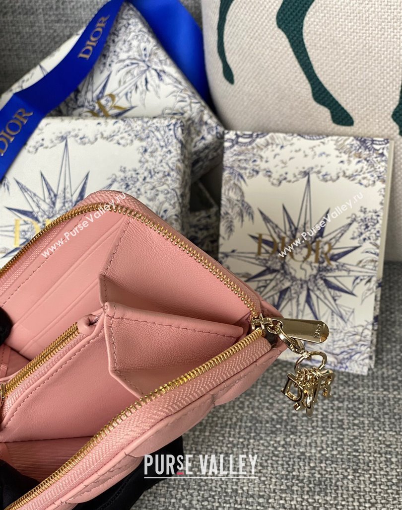Dior Small Lady Dior Voyageur Coin Purse Wallet in Cannage Lambskin Light Pink 2024 (XXG-240415113)