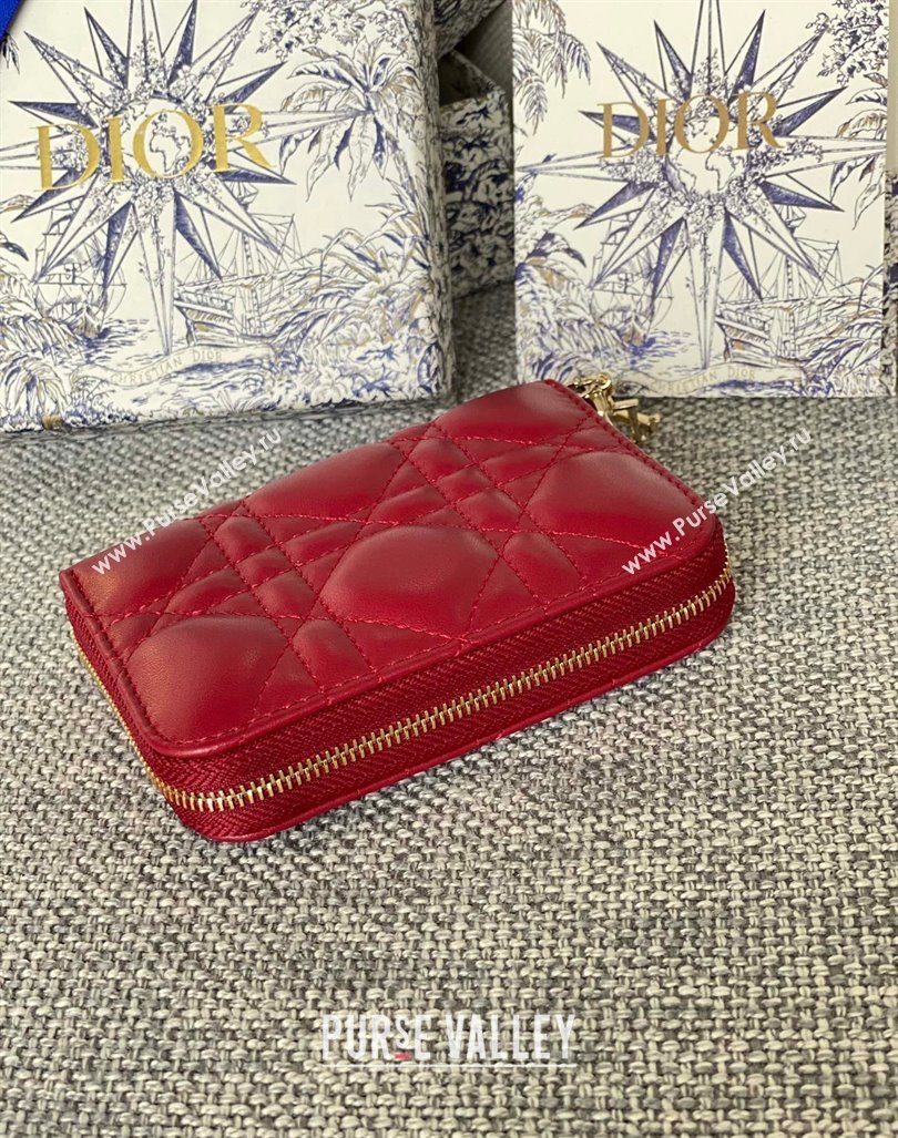 Dior Small Lady Dior Voyageur Coin Purse Wallet in Cannage Lambskin Red 2024 (XXG-240415115)