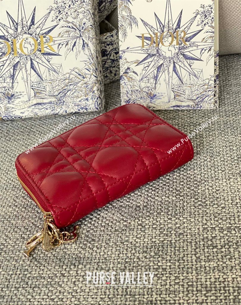 Dior Small Lady Dior Voyageur Coin Purse Wallet in Cannage Lambskin Red 2024 (XXG-240415115)