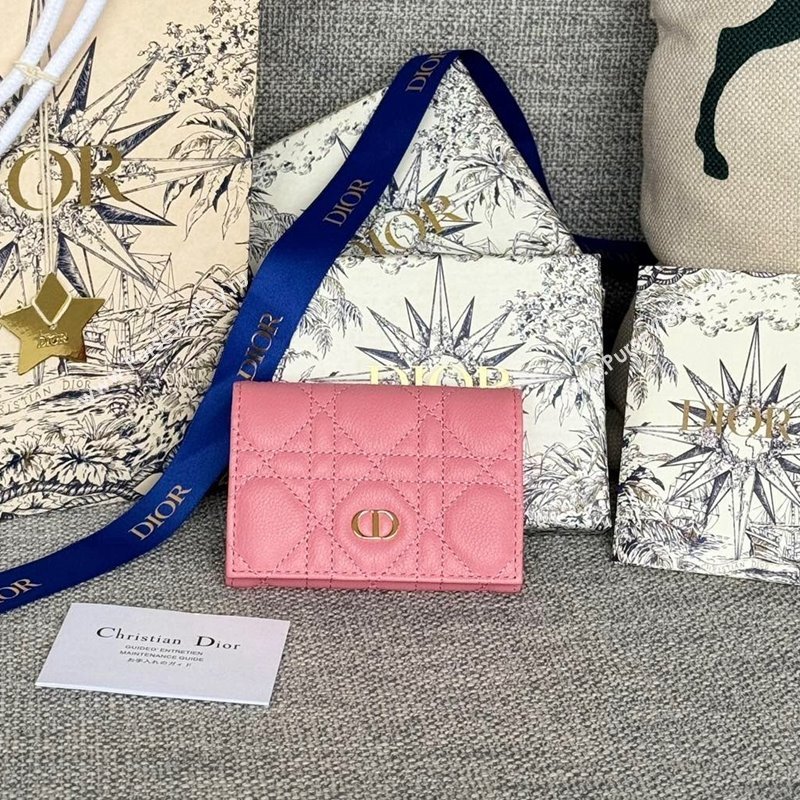 Dior Caro Glycine Card Pouch Wallet in Cannage Grained Calfskin Pink2 2024 0415 (XXG-240415118)