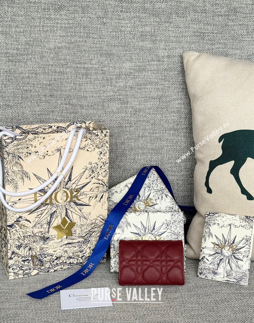 Dior Caro Glycine Card Pouch Wallet in Cannage Grained Calfskin Burgundy 2024 0415 (XXG-240415120)