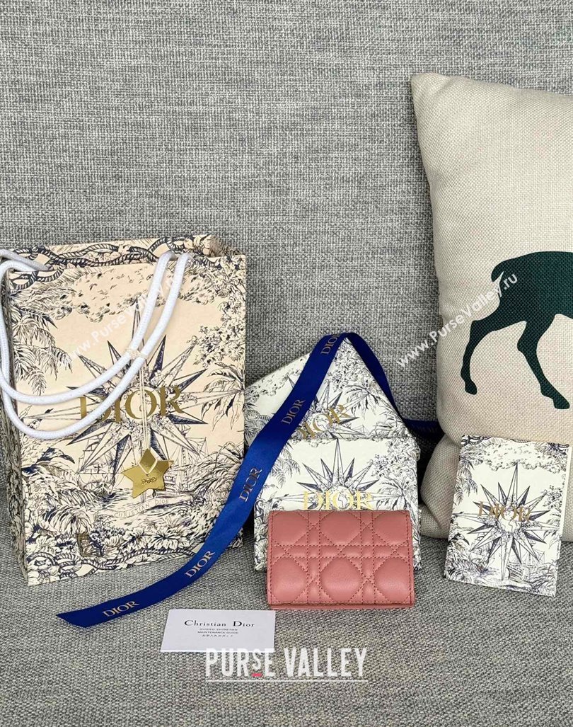 Dior Caro Glycine Card Pouch Wallet in Cannage Grained Calfskin Dark Pink 2024 0415 (XXG-240415124)