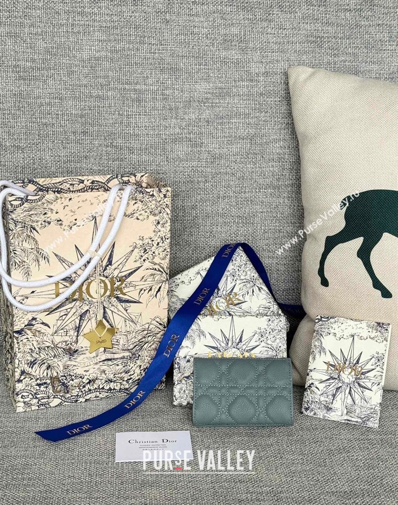 Dior Caro Glycine Card Pouch Wallet in Cannage Grained Calfskin Dusty Blue 2024 0415 (XXG-240415125)