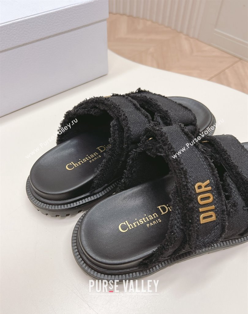 Dior Dioract Flat Slide Sandals in Fringed Cotton Canvas Black 2024 (MD-240506050)