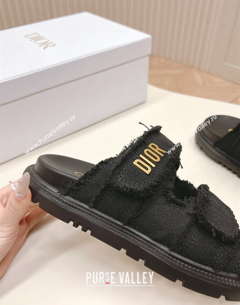 Dior Dioract Flat Slide Sandals in Fringed Cotton Canvas Black 2024 (MD-240506050)