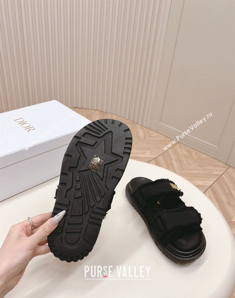 Dior Dioract Flat Slide Sandals in Fringed Cotton Canvas Black 2024 (MD-240506050)