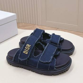 Dior Dioract Flat Slide Sandals in Fringed Cotton Canvas Denim Blue 2024 (MD-240506051)