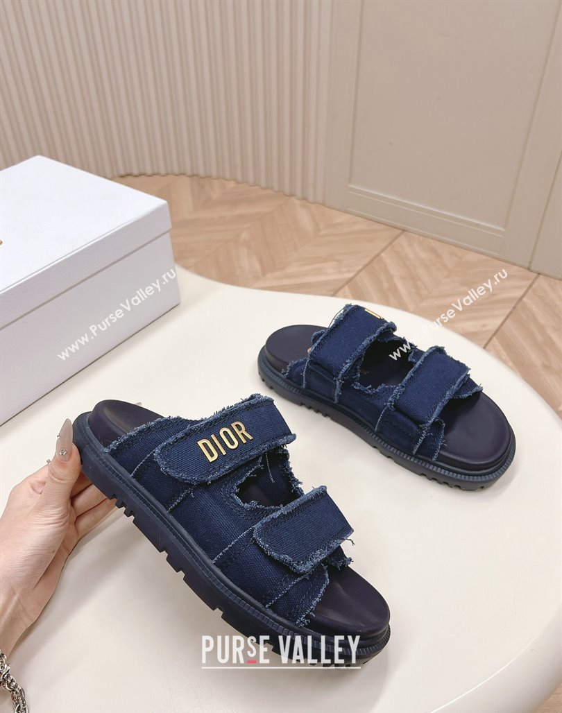 Dior Dioract Flat Slide Sandals in Fringed Cotton Canvas Denim Blue 2024 (MD-240506051)