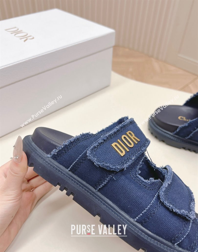 Dior Dioract Flat Slide Sandals in Fringed Cotton Canvas Denim Blue 2024 (MD-240506051)