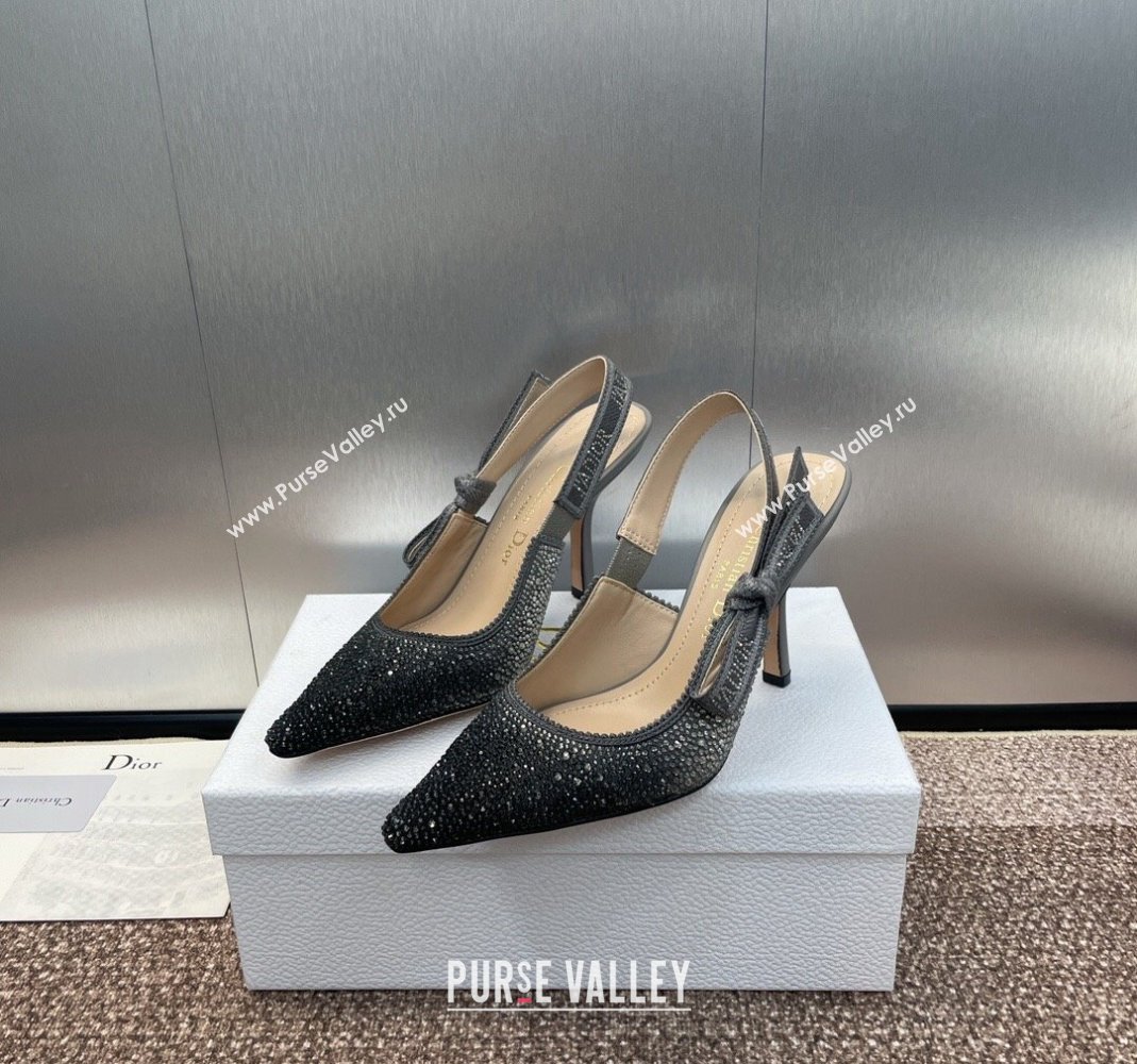 Dior JAdior Slingback Pumps 9.5cm in Grey Cotton Embroidered with Gradient Strass 2024 (KL-240506064)