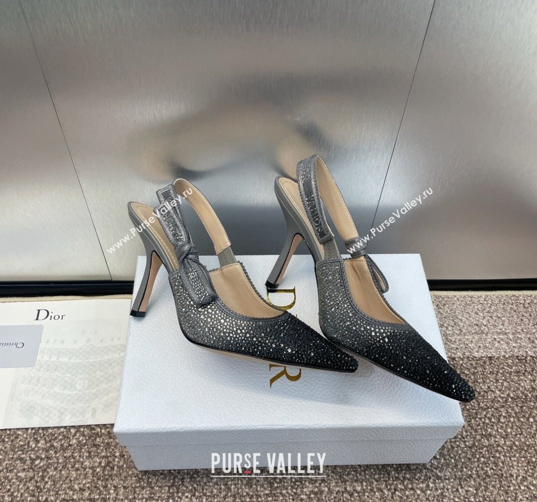Dior JAdior Slingback Pumps 9.5cm in Grey Cotton Embroidered with Gradient Strass 2024 (KL-240506064)