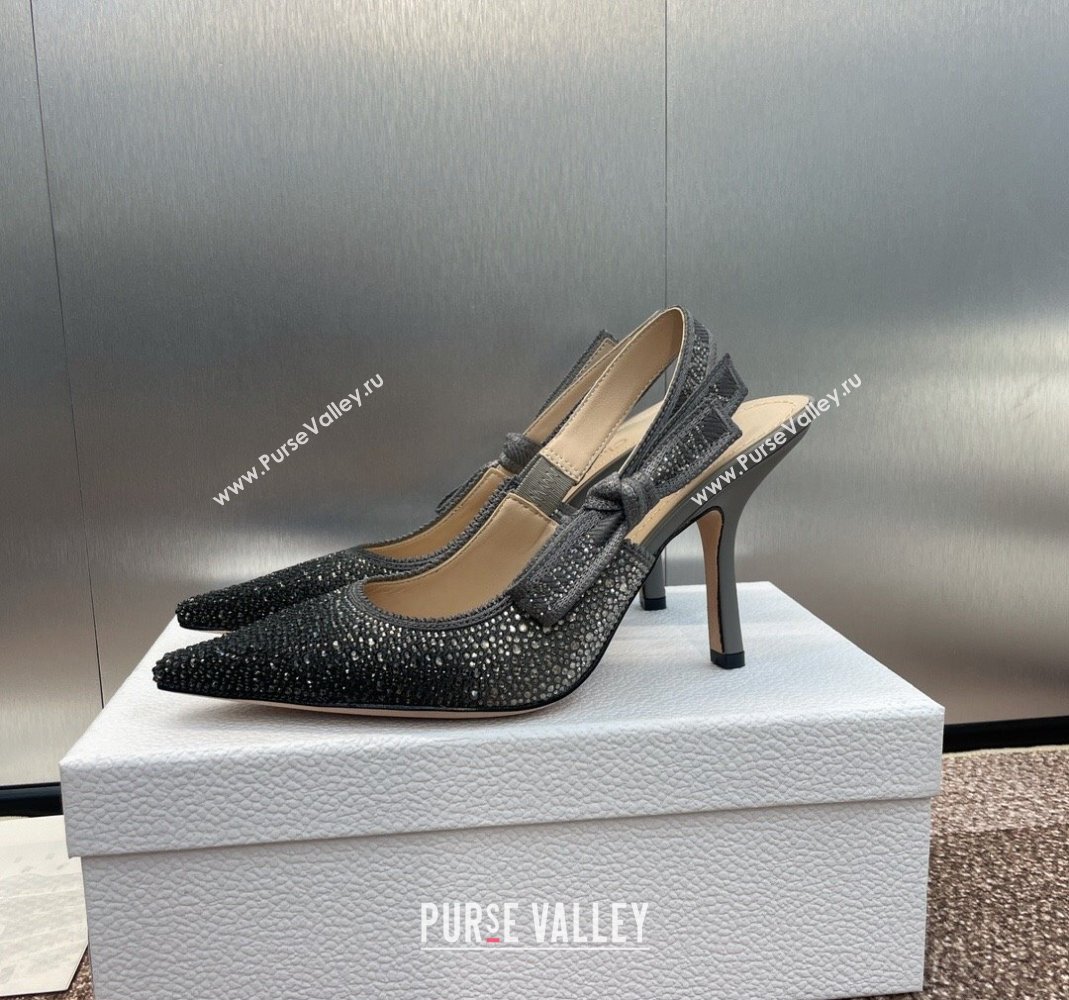 Dior JAdior Slingback Pumps 9.5cm in Grey Cotton Embroidered with Gradient Strass 2024 (KL-240506064)