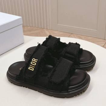Dior Dioract Flat Slide Sandals in Fringed Cotton Canvas Black 2024 (MD-240506050)