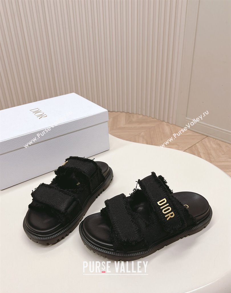 Dior Dioract Flat Slide Sandals in Fringed Cotton Canvas Black 2024 (MD-240506050)