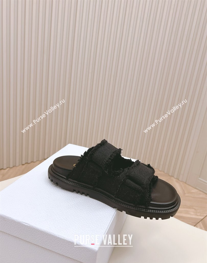 Dior Dioract Flat Slide Sandals in Fringed Cotton Canvas Black 2024 (MD-240506050)