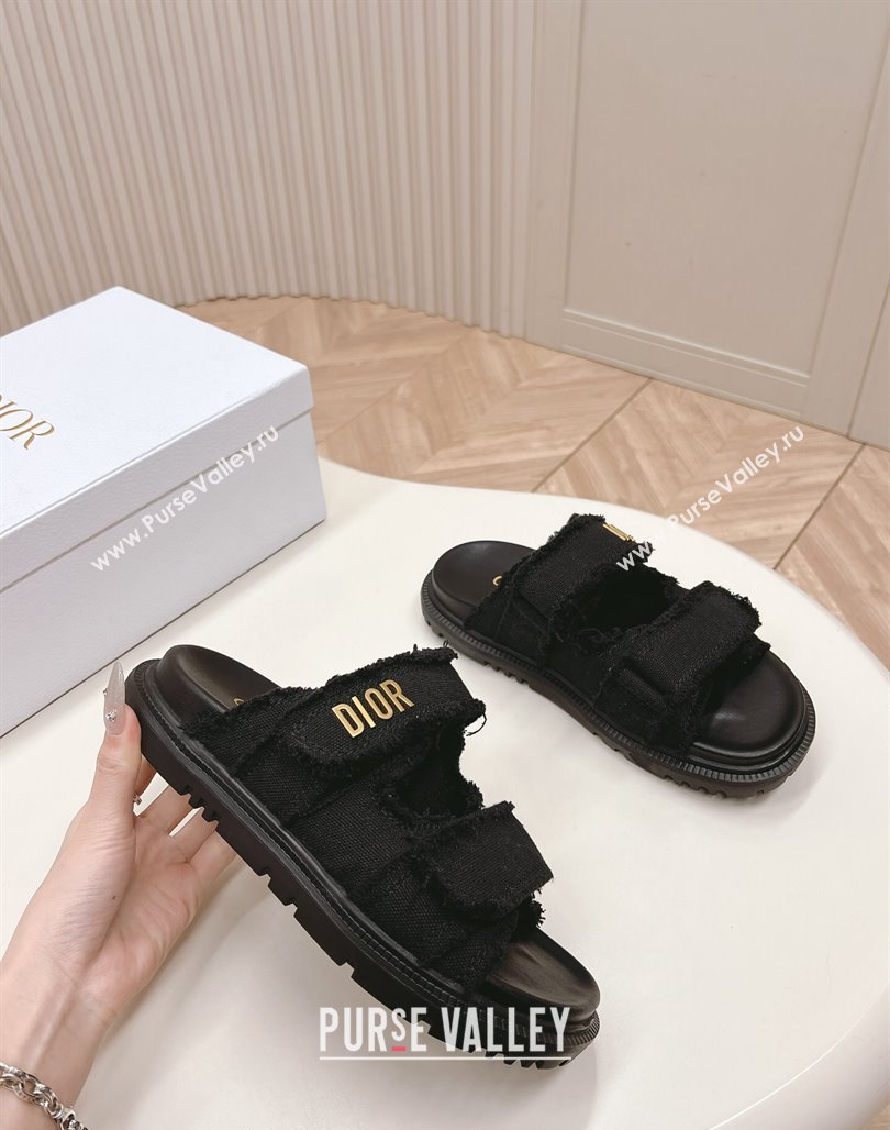 Dior Dioract Flat Slide Sandals in Fringed Cotton Canvas Black 2024 (MD-240506050)