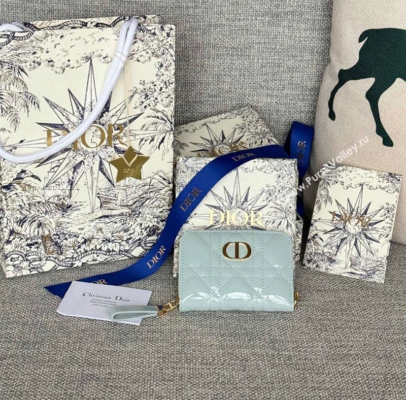 Dior Caro Zipped Wallet in Patent Cannage Calfskin Pale Blue 2024 0523 (XXG-240523022)