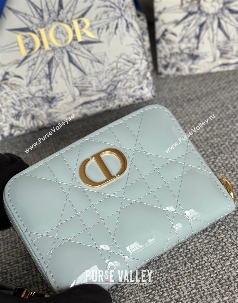 Dior Caro Zipped Wallet in Patent Cannage Calfskin Pale Blue 2024 0523 (XXG-240523022)