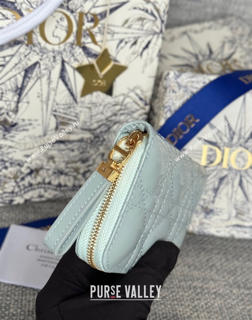 Dior Caro Zipped Wallet in Patent Cannage Calfskin Pale Blue 2024 0523 (XXG-240523022)