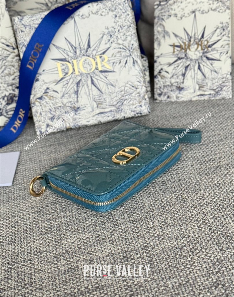 Dior Caro Zipped Wallet in Patent Cannage Calfskin Denim Blue 2024 0523 (XXG-240523023)