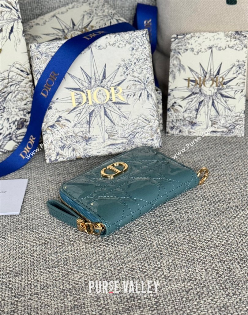 Dior Caro Zipped Wallet in Patent Cannage Calfskin Denim Blue 2024 0523 (XXG-240523023)