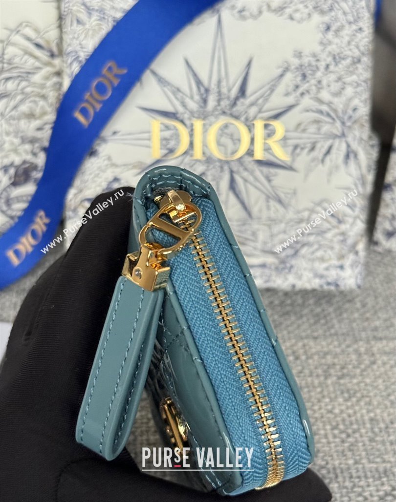 Dior Caro Zipped Wallet in Patent Cannage Calfskin Denim Blue 2024 0523 (XXG-240523023)