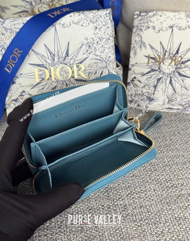 Dior Caro Zipped Wallet in Patent Cannage Calfskin Denim Blue 2024 0523 (XXG-240523023)