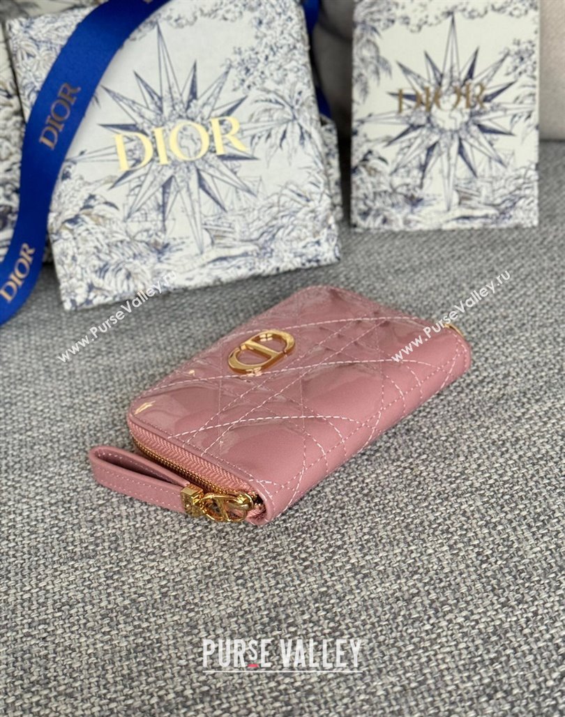 Dior Caro Zipped Wallet in Patent Cannage Calfskin Pink 2024 0523 (XXG-240523024)