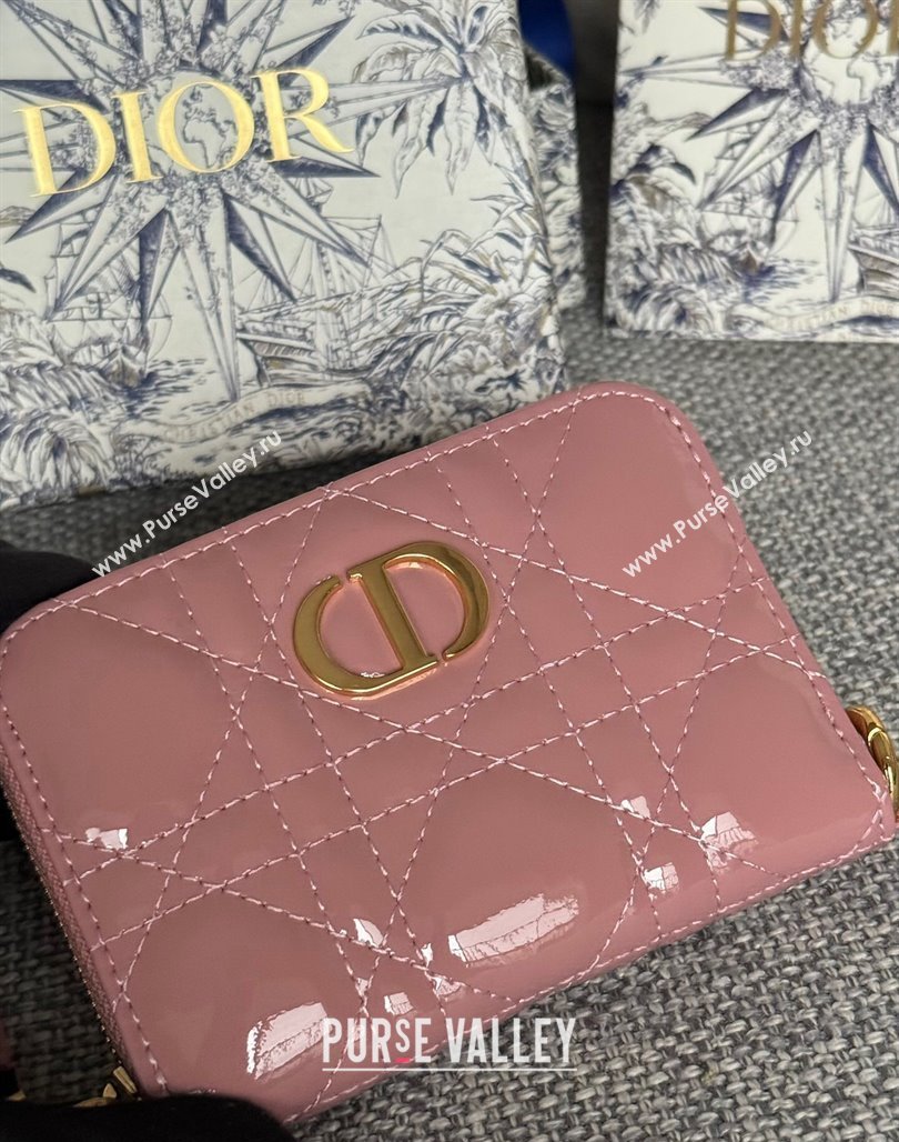 Dior Caro Zipped Wallet in Patent Cannage Calfskin Pink 2024 0523 (XXG-240523024)