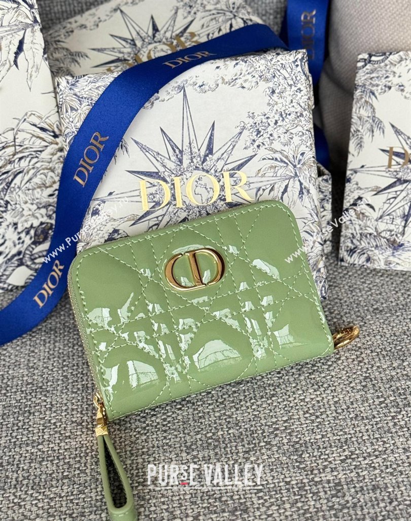 Dior Caro Zipped Wallet in Patent Cannage Calfskin Light Green 2024 0523 (XXG-240523026)