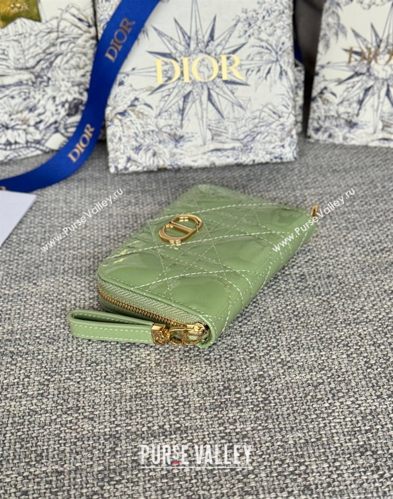 Dior Caro Zipped Wallet in Patent Cannage Calfskin Light Green 2024 0523 (XXG-240523026)