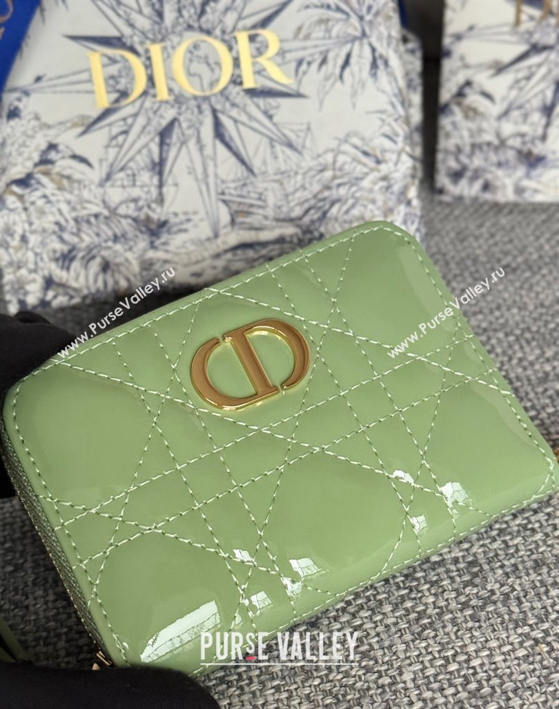 Dior Caro Zipped Wallet in Patent Cannage Calfskin Light Green 2024 0523 (XXG-240523026)