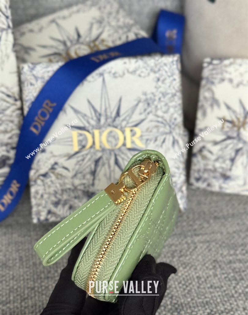 Dior Caro Zipped Wallet in Patent Cannage Calfskin Light Green 2024 0523 (XXG-240523026)