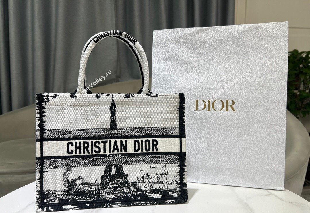 Dior Medium Book Tote Bag in White and Black Paris Embroidery 2024 (BF-240523033)