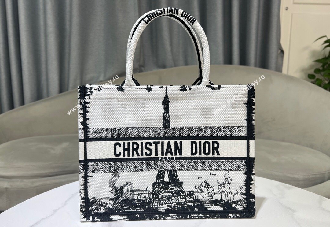 Dior Medium Book Tote Bag in White and Black Paris Embroidery 2024 (BF-240523033)