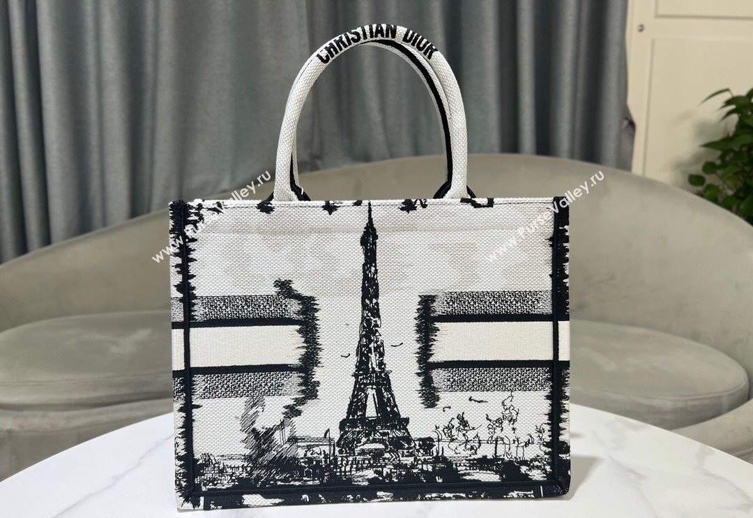 Dior Medium Book Tote Bag in White and Black Paris Embroidery 2024 (BF-240523033)