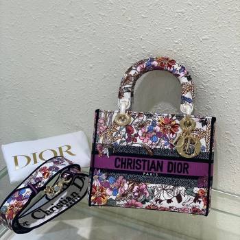 Dior Sac Lady D-lite Medium Bag in Multicolor Dior 4 Saisons Éte Soleil Embroidery Purple 2024 (XXG-240523035)