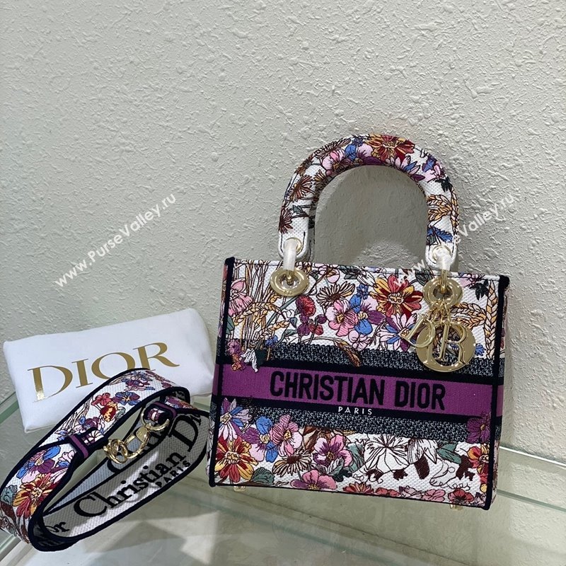 Dior Sac Lady D-lite Medium Bag in Multicolor Dior 4 Saisons Éte Soleil Embroidery Purple 2024 (XXG-240523035)