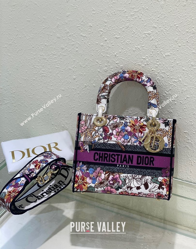 Dior Sac Lady D-lite Medium Bag in Multicolor Dior 4 Saisons Éte Soleil Embroidery Purple 2024 (XXG-240523035)