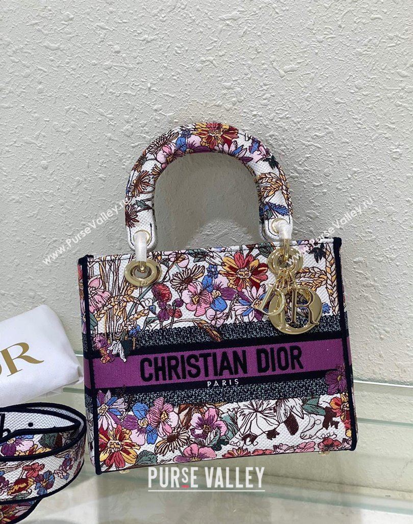 Dior Sac Lady D-lite Medium Bag in Multicolor Dior 4 Saisons Éte Soleil Embroidery Purple 2024 (XXG-240523035)