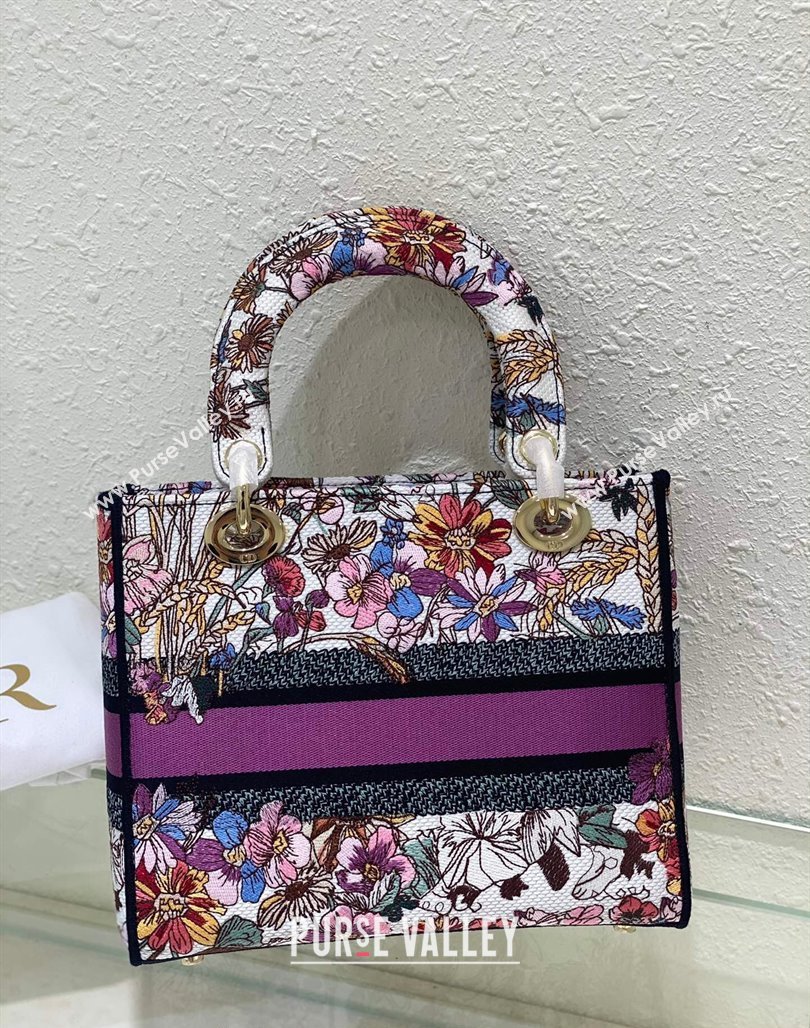 Dior Sac Lady D-lite Medium Bag in Multicolor Dior 4 Saisons Éte Soleil Embroidery Purple 2024 (XXG-240523035)