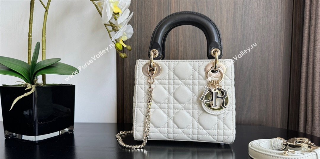 Dior Mini Lady Dior Bag in Two-Tone Cannage Lambskin 0505 White/Black 2024 (XXG-240523059)