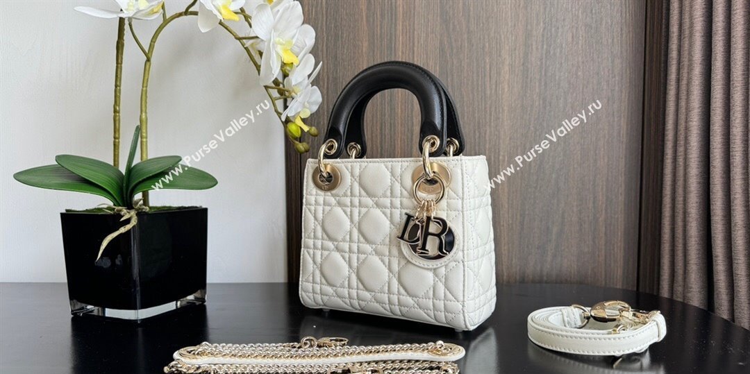 Dior Mini Lady Dior Bag in Two-Tone Cannage Lambskin 0505 White/Black 2024 (XXG-240523059)