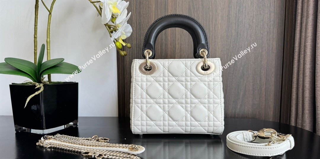 Dior Mini Lady Dior Bag in Two-Tone Cannage Lambskin 0505 White/Black 2024 (XXG-240523059)