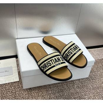 Dior Dway Flat Slide Sandals in Natural Raffia Straw and Black Embroidered Cotton 2024 (MD-240604013)