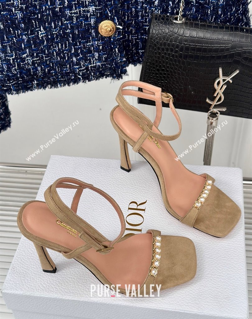 Dior Suede High Heel Sandals 10cm with Pearls Beige 2024 0604 (MD-240604003)