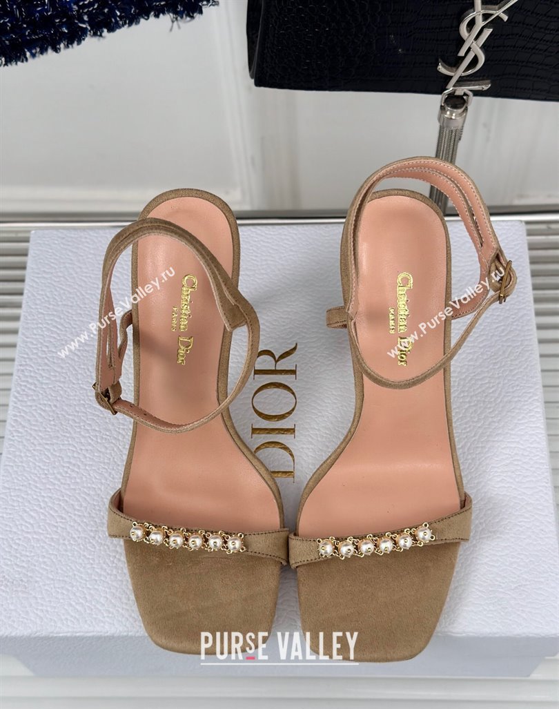 Dior Suede High Heel Sandals 10cm with Pearls Beige 2024 0604 (MD-240604003)