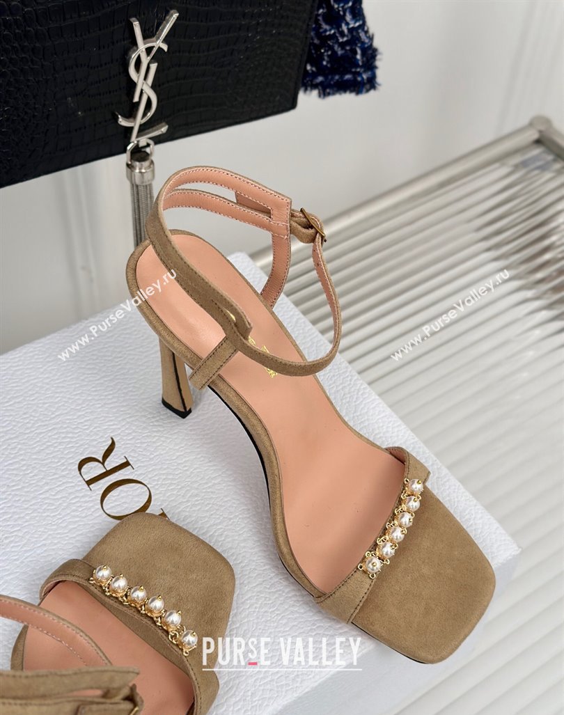 Dior Suede High Heel Sandals 10cm with Pearls Beige 2024 0604 (MD-240604003)