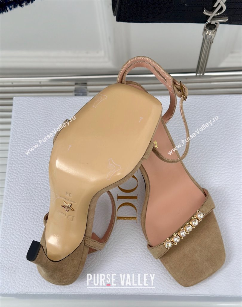 Dior Suede High Heel Sandals 10cm with Pearls Beige 2024 0604 (MD-240604003)